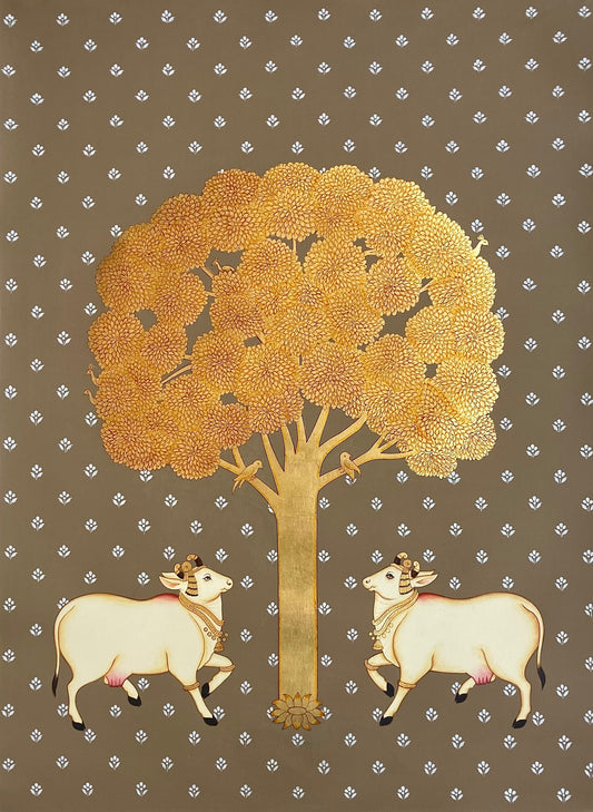 Two cows and tree ( Beige )